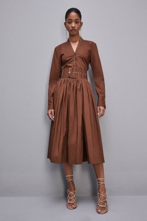 Patrizia Pepe Midi Flared Skirt With Belt Kahverengi | BVN259481